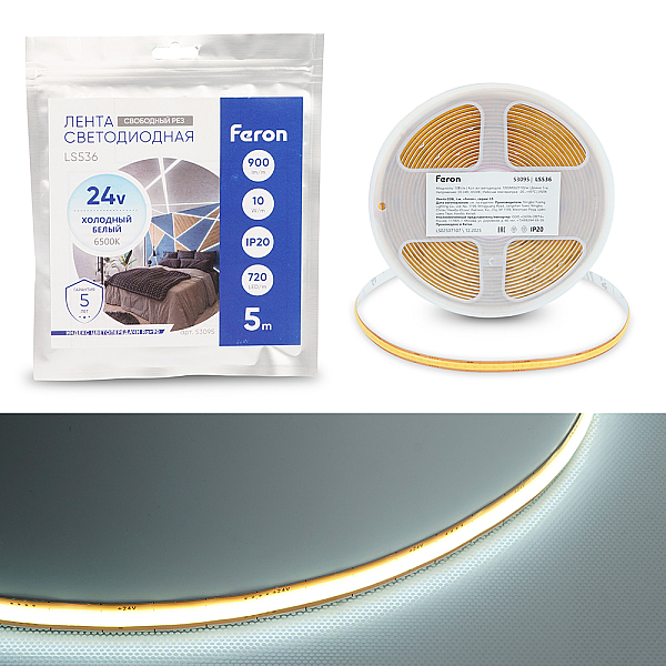 Светодиодная лента Feron 10W/m 720LED/m 2110SMD 6500К 5M свободный рез LS536 53095