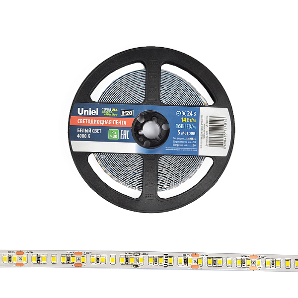 Светодиодная лента Uniel ULS-2835-168LED/m-10mm-IP20-DC24V-14W/m-5M-4000K катушка в герметичной упаковке