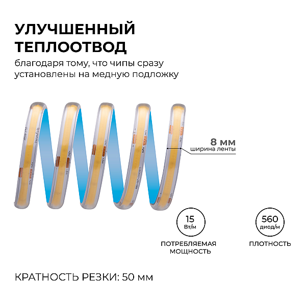 Светодиодная лента Apeyron 24В COB 15Вт/м 4000K 5м IP65 00-490