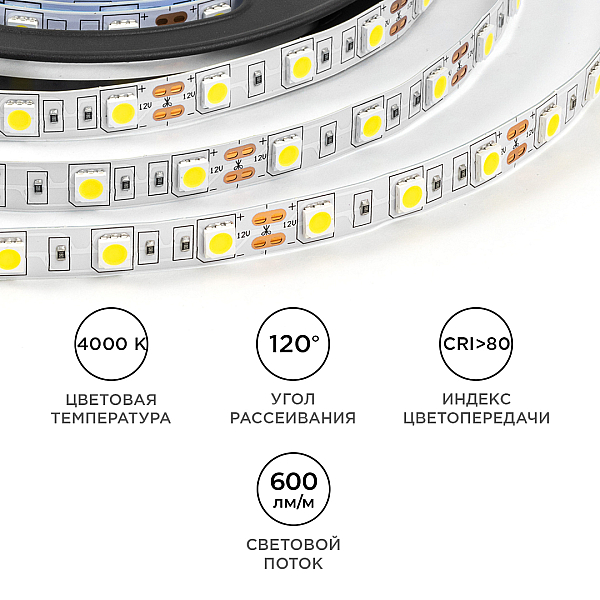 Светодиодная лента OGM 12В 5050 14,4Вт/м 4000К 600Лм/м 5м IP20 LSE-269