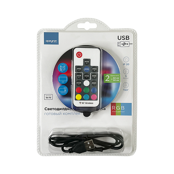 ТВ подсветка, комплект светодиодной ленты Apeyron 5В 5050 7,2Вт/м RGB 2*0,5м IP20 10-70