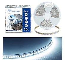 Светодиодная лента 24V Feron LS502, 180*SMD2835, 16W/m, IP20, 6000К (холодный белый) 53091