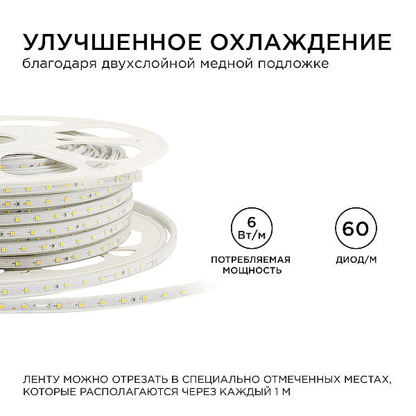 Светодиодная лента Apeyron Стандарт 220В 2835 6Вт/м 4000К 50м IP65 17-43