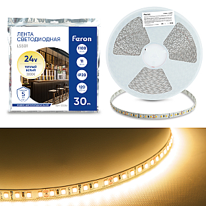 Светодиодная лента 24V Feron LS501, 120*SMD2835, 11W/m, IP20, 3000К (теплый белый) 53086