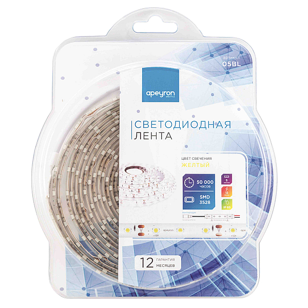 Светодиодная лента Apeyron 12В СТ 4,8Вт/м smd3528, 60д/м IP65 5м желтая 05BL