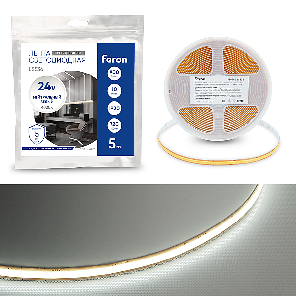 Светодиодная лента Feron 10W/m 720LED/m 2110SMD 4000К 5M свободный рез LS536 53096