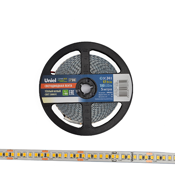 Светодиодная лента Uniel ULS-2835-180LED/m-10mm-IP20-DC24V-17W/m-5M-3000K катушка в герметичной упаковке