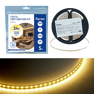 Светодиодная лента 24V Feron LS505, 120*SMD2835, 11W/m, IP20, 3000К (белый теплый) 53054