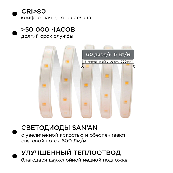 Светодиодная лента Apeyron 220В 6Вт/м smd2835 60д/м IP65 600Лм/м 15м 6500К 10-54