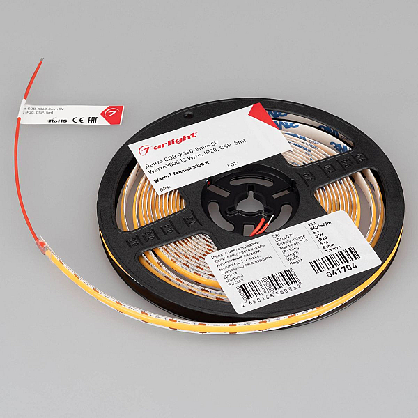 Светодиодная лента Arlight COB-X360-8mm 5V Warm3000 (5 W/m, IP20, 5m) 041704(1)