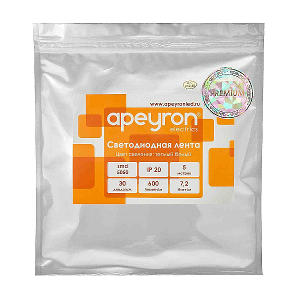 Светодиодная лента Apeyron 12В 5050 7,2Вт/м 3000К 600Лм/м 5м IP20 00-437