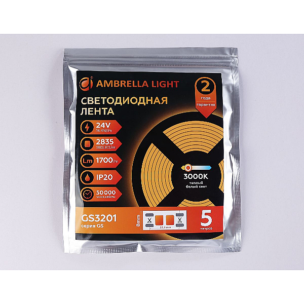 Светодиодная лента Ambrella Light 14,4W/m 180LED/m 2835SMD теплый белый 5M GS3201