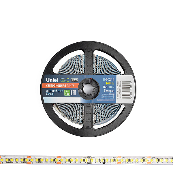 Светодиодная лента Uniel ULS-2835-168LED/m-10mm-IP20-DC24V-14W/m-5M-6500K катушка в герметичной упаковке