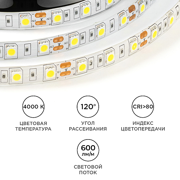 Светодиодная влагозащищенная лента OGM 12В 5050 14,4Вт/м 4000К 600Лм/м 5м IP65 LSE-274