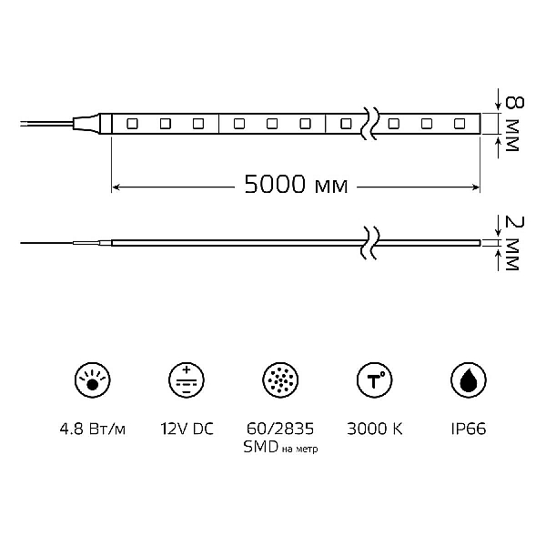 Светодиодная влагозащищенная лента Gauss 4,8W/m 60LED/m 2835SMD теплый белый 5M 311000105