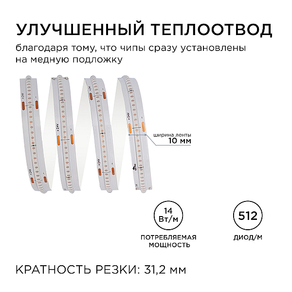 Светодиодная лента Apeyron 5м, 24В, 14Вт/м, COB, 512д/м, IP20 Синий 217ОО