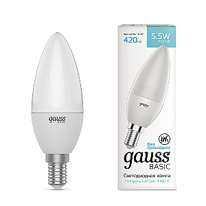 Лампа светодиодная Gauss E14 5,5W 4100К свеча матовая 1033126