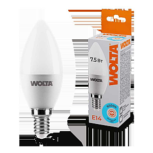 Светодиодная лампа WOLTA 7.5Вт 6500K E14 свеча матовая 25WC7.5E14