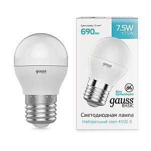 Лампа светодиодная Gauss E27 7,5W 4100К шар матовый 1053228