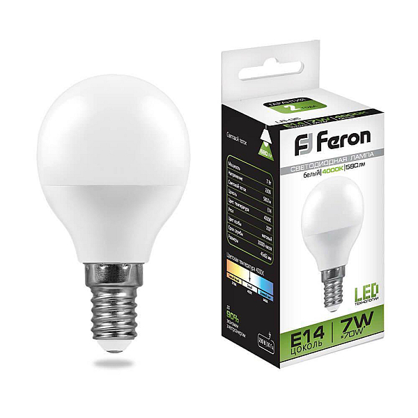 Lampa svetodiodnaya feron e14 7w 4000k shar matovaya lb 95 25479