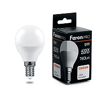 Лампа светодиодная Feron Pro E14 9W 4000K шар матовый LB-1409 38078