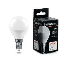 Лампа светодиодная Feron E14 6W 4000K шар матовый LB-1406 38066