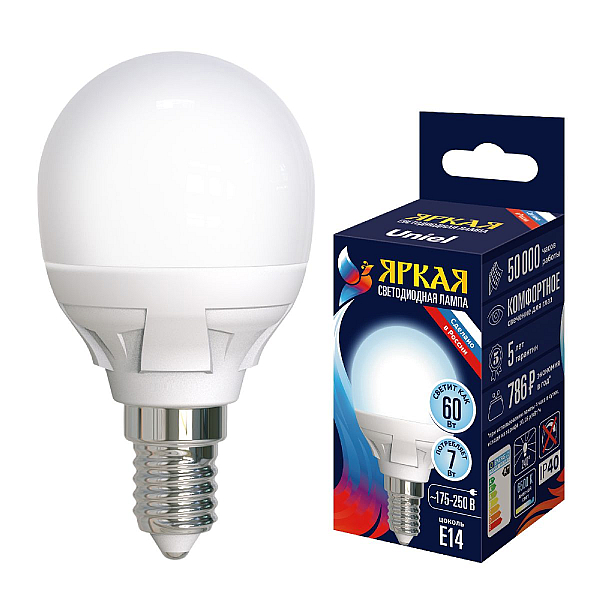 Лампа светодиодная Uniel LED-G45 7W/6500K/E14/FR PLP01WH UL-00011018