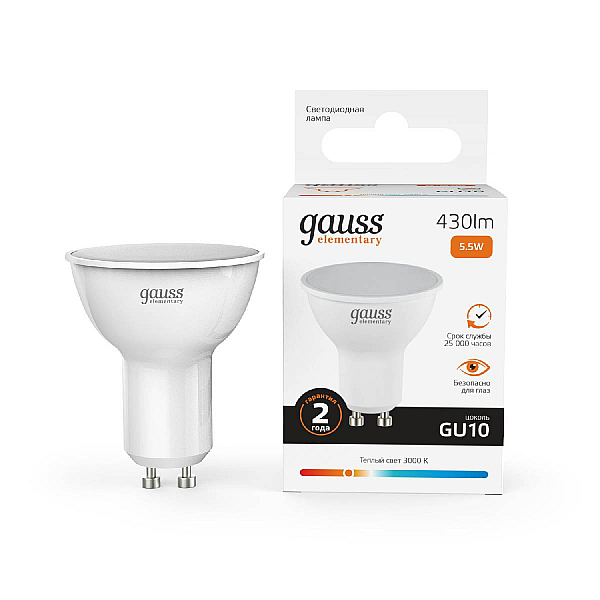 Лампа светодиодная Gauss GU10 5.5W 3000K матовая 13616