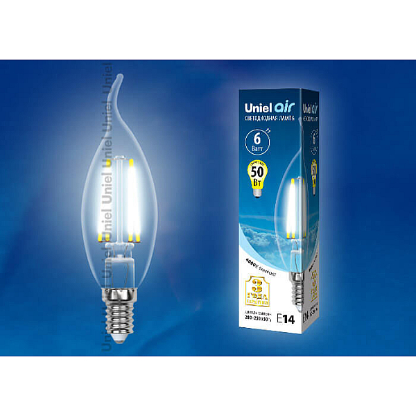 Лампа светодиодная филаментная (UL-00002229) Uniel E14 6W 4000K прозрачная LED-CW35-6W/NW/E14/CL GLA01TR