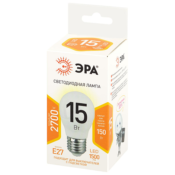 Лампа светодиодная Эра STD LED P45-15W-827-E27 2700K шар