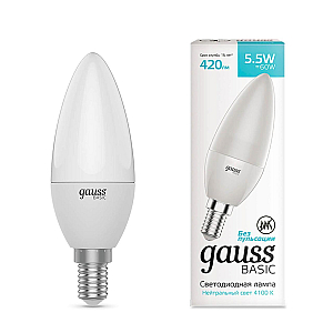 Лампа светодиодная Gauss E14 5,5W 4100К свеча матовая 1033126