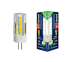 Лампа светодиодная (UL-00006744) Uniel G4 5W 3000K прозрачная LED-JC-220/5W/3000K/G4/CL GLZ09TR