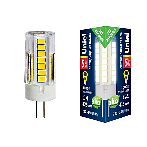 Лампа светодиодная (UL-00006744) Uniel G4 5W 3000K прозрачная LED-JC-220/5W/3000K/G4/CL GLZ09TR