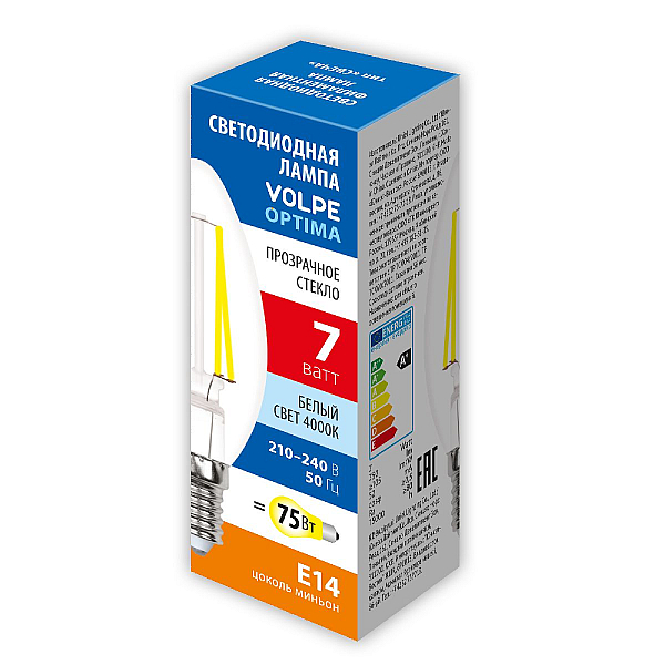 Лампа светодиодная филаментная Volpe E14 7W 4000K прозрачная LED-C35-7W/4000K/E14/CL/SLF UL-00008333