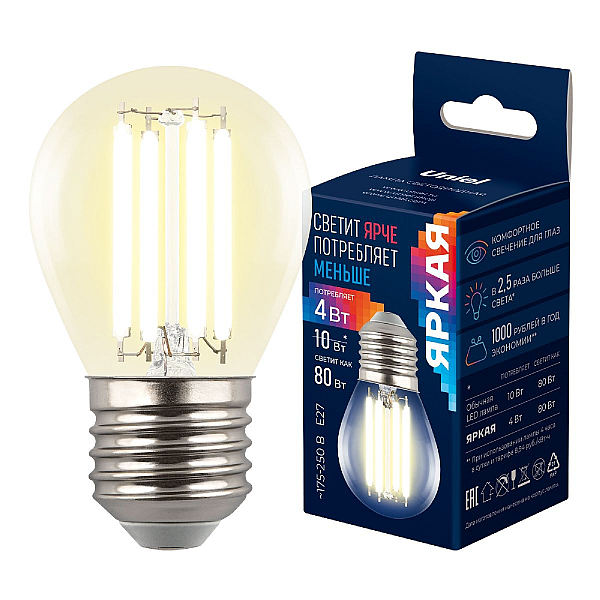 Лампа светодиодная Uniel E27 4W 3000K прозрачная LED-G45-4W/3000K/E27/CL GLY01TR UL-00011940