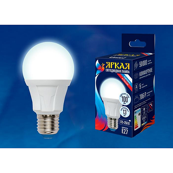 Лампа светодиодная (UL-00005030) Uniel E27 13W 3000K матовая LED-A60 13W/3000K/E27/FR PLP01WH