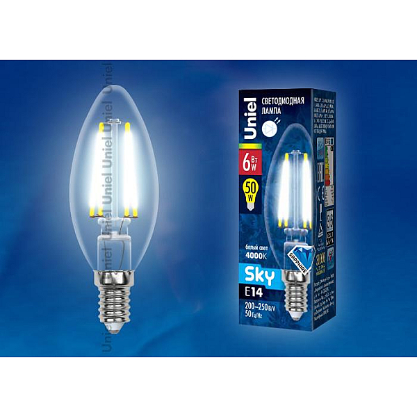 Лампа светодиодная филаментная (UL-00001372) Uniel E27 8W 4000K прозрачная LED-A60-8W/NW/E27/CL PLS02WH