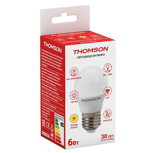 Лампа светодиодная Thomson E27 6W 3000K шар матовый TH-B2037
