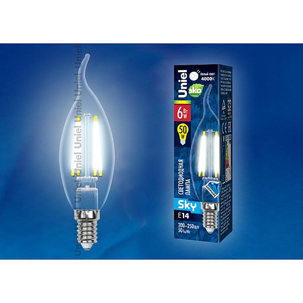 Лампа светодиодная филаментная (UL-00001373) Uniel E14 6W 4000K прозрачная LED-C35-6W/NW/E14/CL PLS02WH