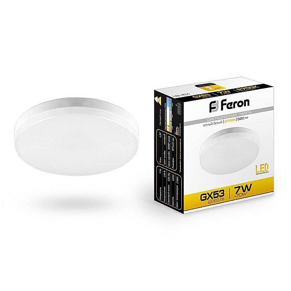 Lampa svetodiodnaya feron gx53 7w 2700k tabletka matovaya lb 451