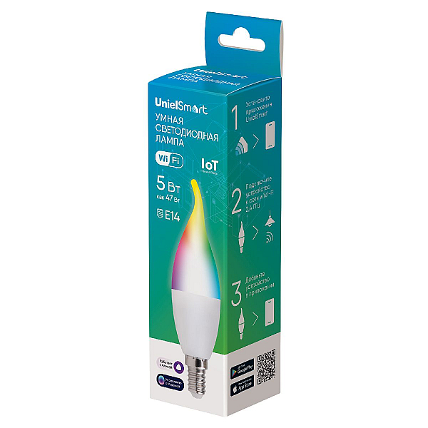 Лампа светодиодная умная Uniel LED-CW37-5W/RGBW/E14/230V/WF/FR PLS80WH UL-00011655