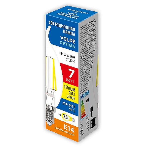 Лампа светодиодная филаментная Volpe E14 7W 3000K прозрачная LED-CW35-7W/3000K/E14/CL/SLF UL-00008340
