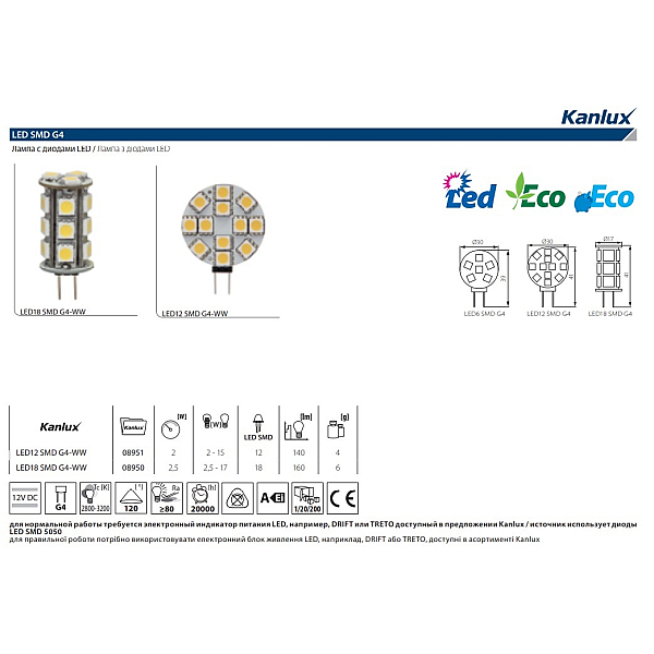 Лампа светодиодная Kanlux LED18 G4 2,5W 3000К 8950