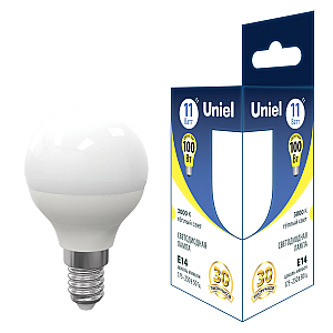 Лампа светодиодная Uniel E14 11W 3000K шар матовый LED-G45-11W/3000K/E14/FR PLS03WH UL-00006843