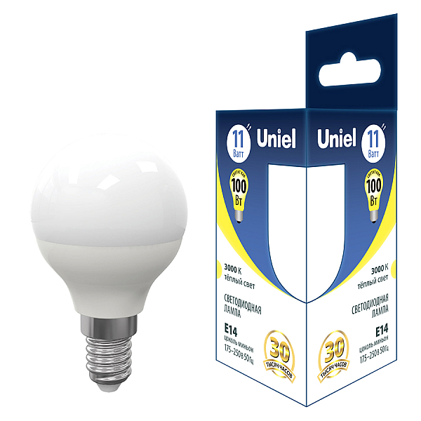 Лампа светодиодная Uniel E14 11W 3000K шар матовый LED-G45-11W/3000K/E14/FR PLS03WH UL-00006843