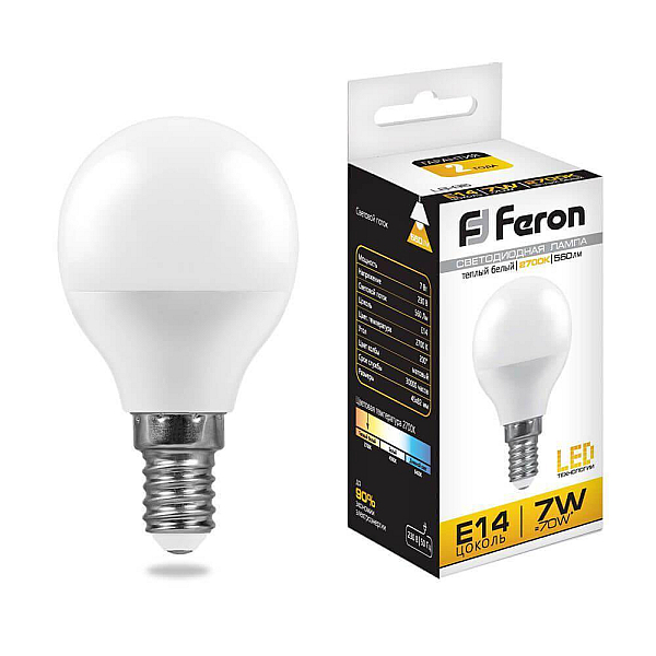 Lampa svetodiodnaya feron e14 7w 2700k shar matovaya lb 95 25478