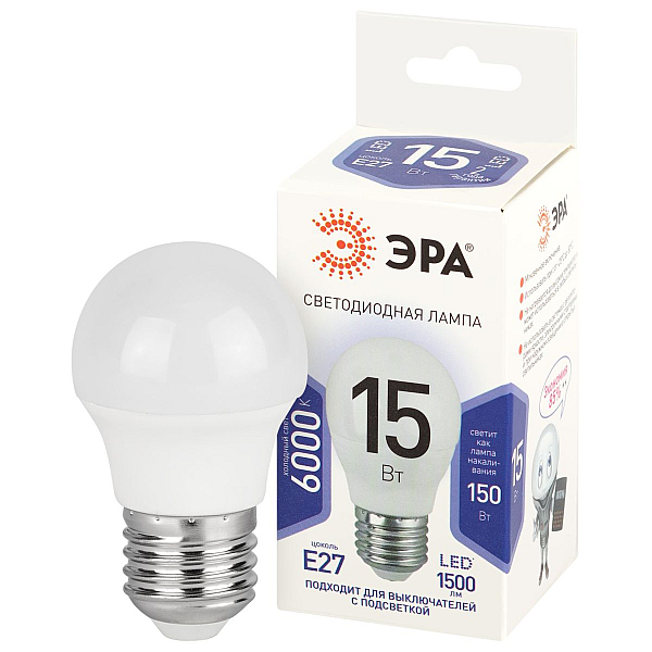 Лампа светодиодная Эра STD LED P45-15W-860-E27 6500K шар