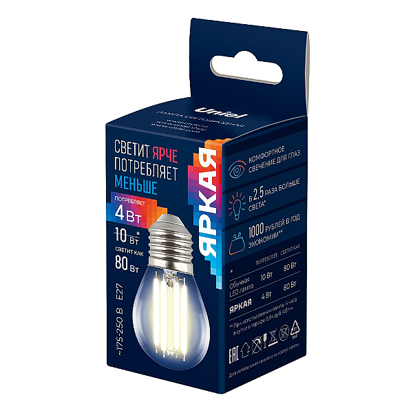 Лампа светодиодная Uniel E27 4W 3000K прозрачная LED-G45-4W/3000K/E27/CL GLY01TR UL-00011940