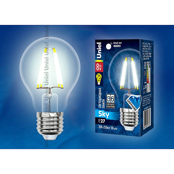 Лампа светодиодная филаментная (UL-00001371) Uniel E14 6W 4000K прозрачная LED-G45-6W/NW/E14/CL PLS02WH