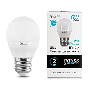 Лампа cветодиодная Gauss E27 6W 4100K шар матовый 53226
